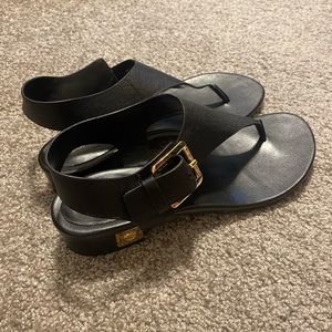 Michael Kors Black Leather Sandals with Gold Accents and Buckle